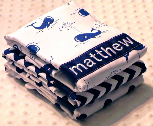Personalized Burp Cloths - Baby Boy Navy Blue Whales Chevron and Polka Dots