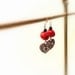 Women's Valentine's Heart  Earrings, Silver Metal Filigree Heart, Red Coral, Black Beads, Hooks