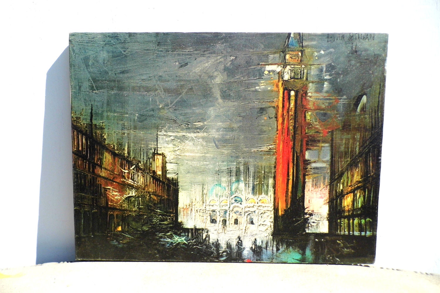 Vintage Mid Century Print, Art Print On Canvas, Bouvier de Cachard, Vintage Place St Marc Venice, 1960s