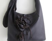 purple leather handbag, messenger with detachable flower and leaf fringe, by Tuscada. Made to order.