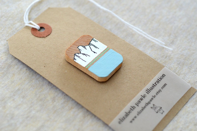 mountain peak brooch - grey, white, peppermint green and wood - by elizabeth pawle - hand painted illustration