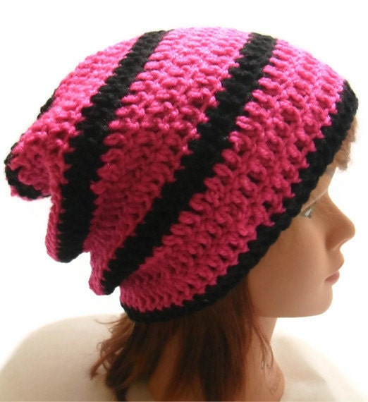 Crochet Thick Striped Slouchy Beanie Hat in Hot Pink and Black Medium