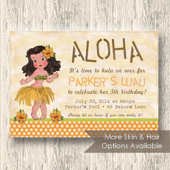 Vintage Luau Invitation for Birthday Party or Baby Shower - Girls Hula DIY Printable Invite by BeeAndDaisy - Skin and Hair Options Il_570xn