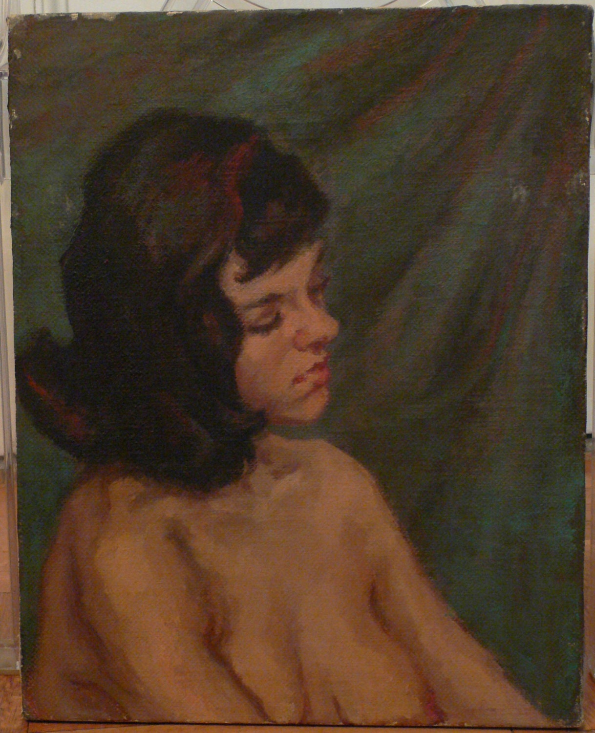 Antique Oil Portrait Painting Nude Woman - Moses Soyer style by his protegee, Ethel Schanzer