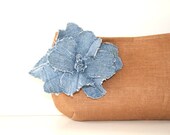 brown linen clutch with denim flower brooch / recycled / denim / spring summer fashion / mothers day