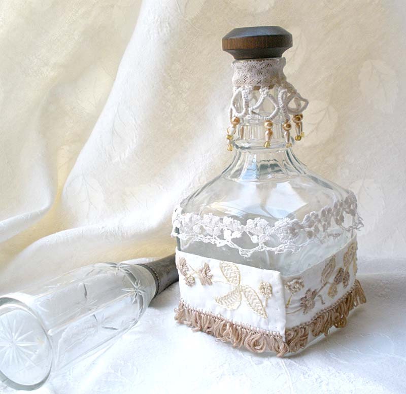 Crochet lace decorate bottle, all with vintage atmosphere work good for unique home. Cream color ,Charm, shabby  chic item