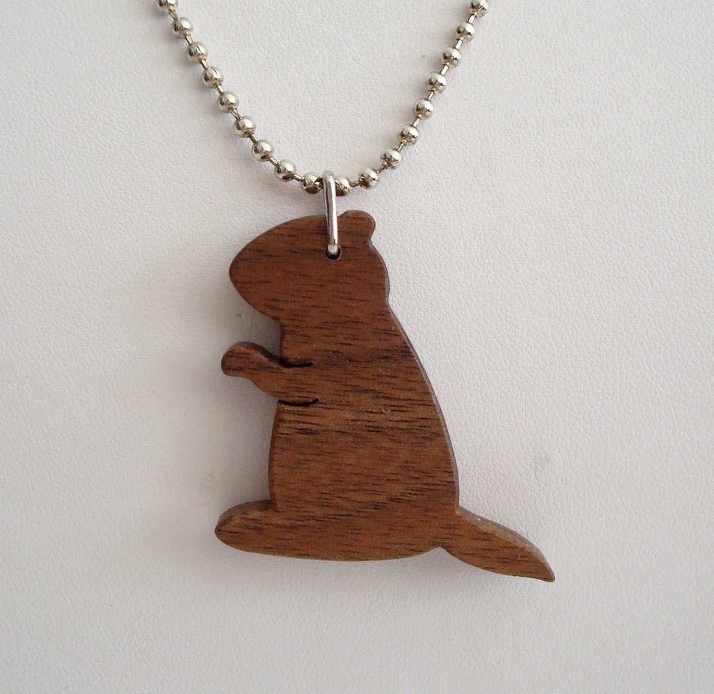 Groundhog Necklace Woodchuck Walnut Hand Cut Wood Animal Pendant Scroll Saw