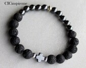 Men's Lava Rock and Hematite Cross Christian Spiritual Bracelet
