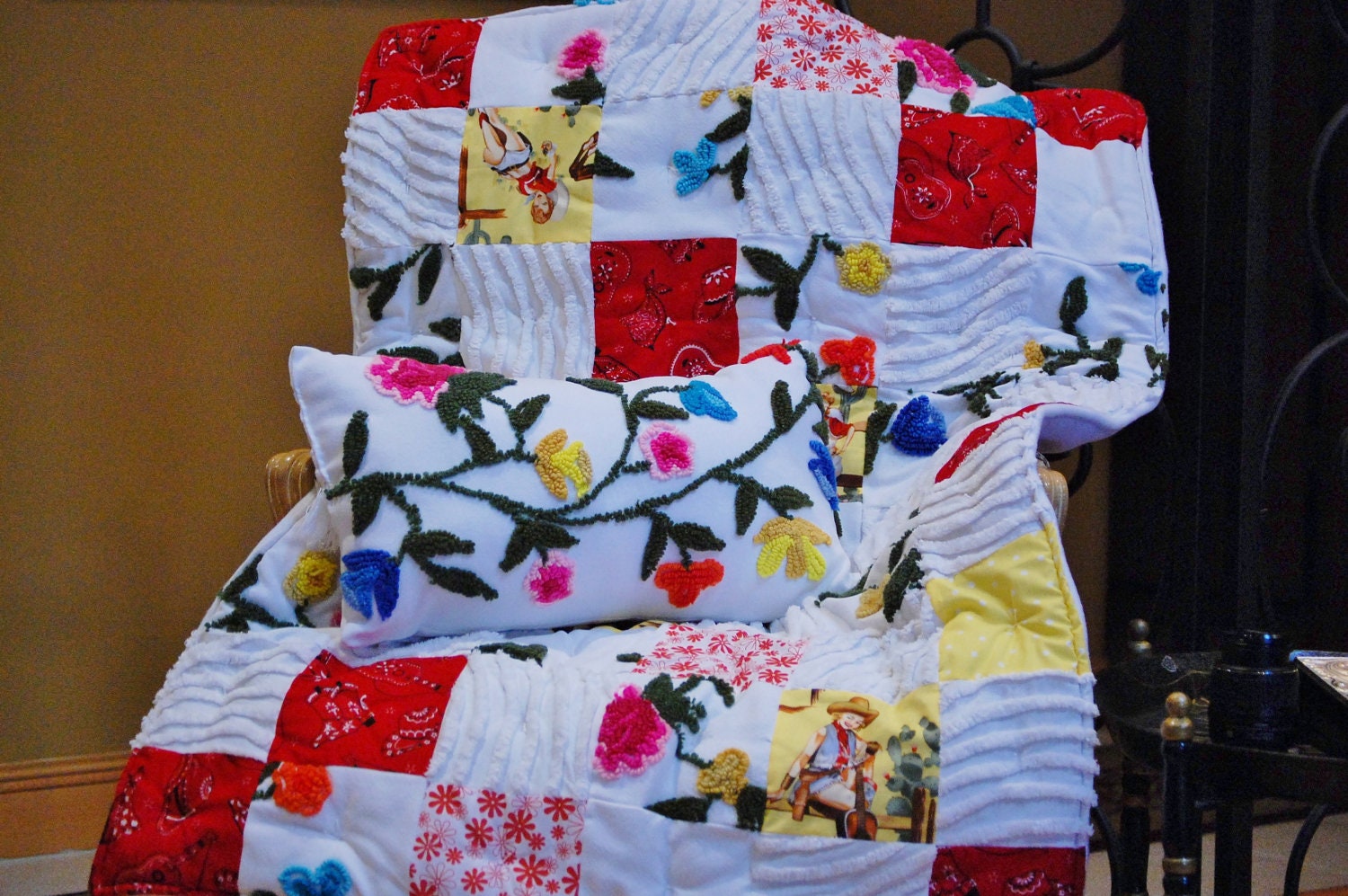Retro cowgirl western themed vintage chenille quilt with coordinated chenille pillow with fringe