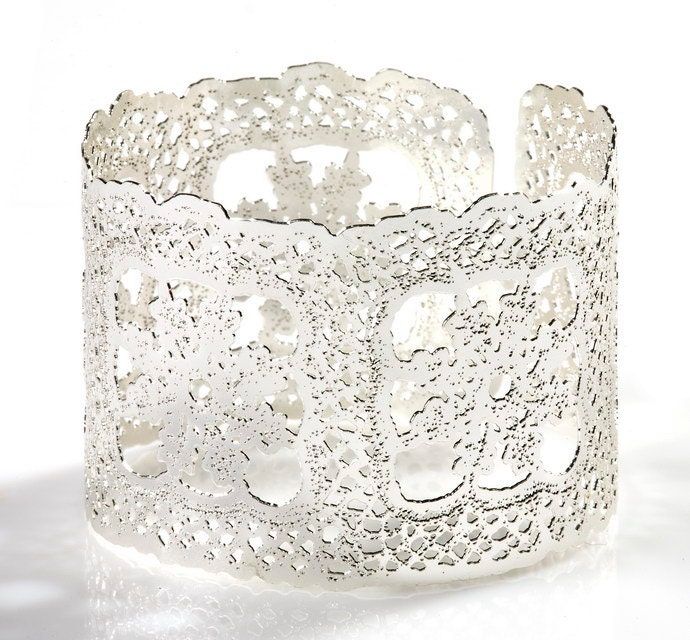 wide metal lace cuff bracelet snow silver plated