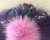Mother's day Victorian Style Fox fur Mink fur  Brooch pin Purple and Pink green plumes  3d art accessory