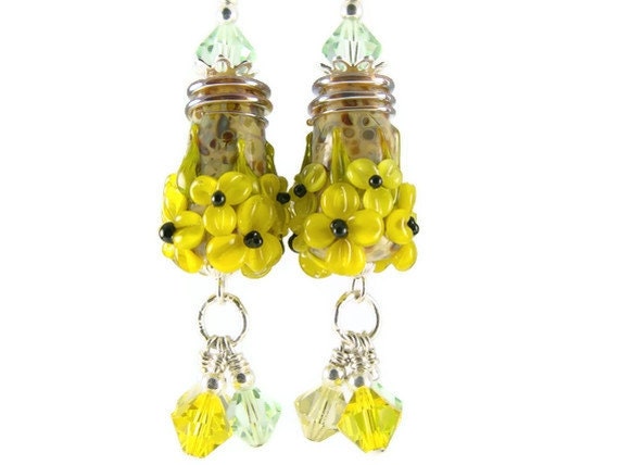Lampwork Earrings, Glass Bead Jewelry, Yellow Dangle Earrings, Beadwork Earrings, Flower Lampwork Jewelry, Lemon Cone Drop Earrings