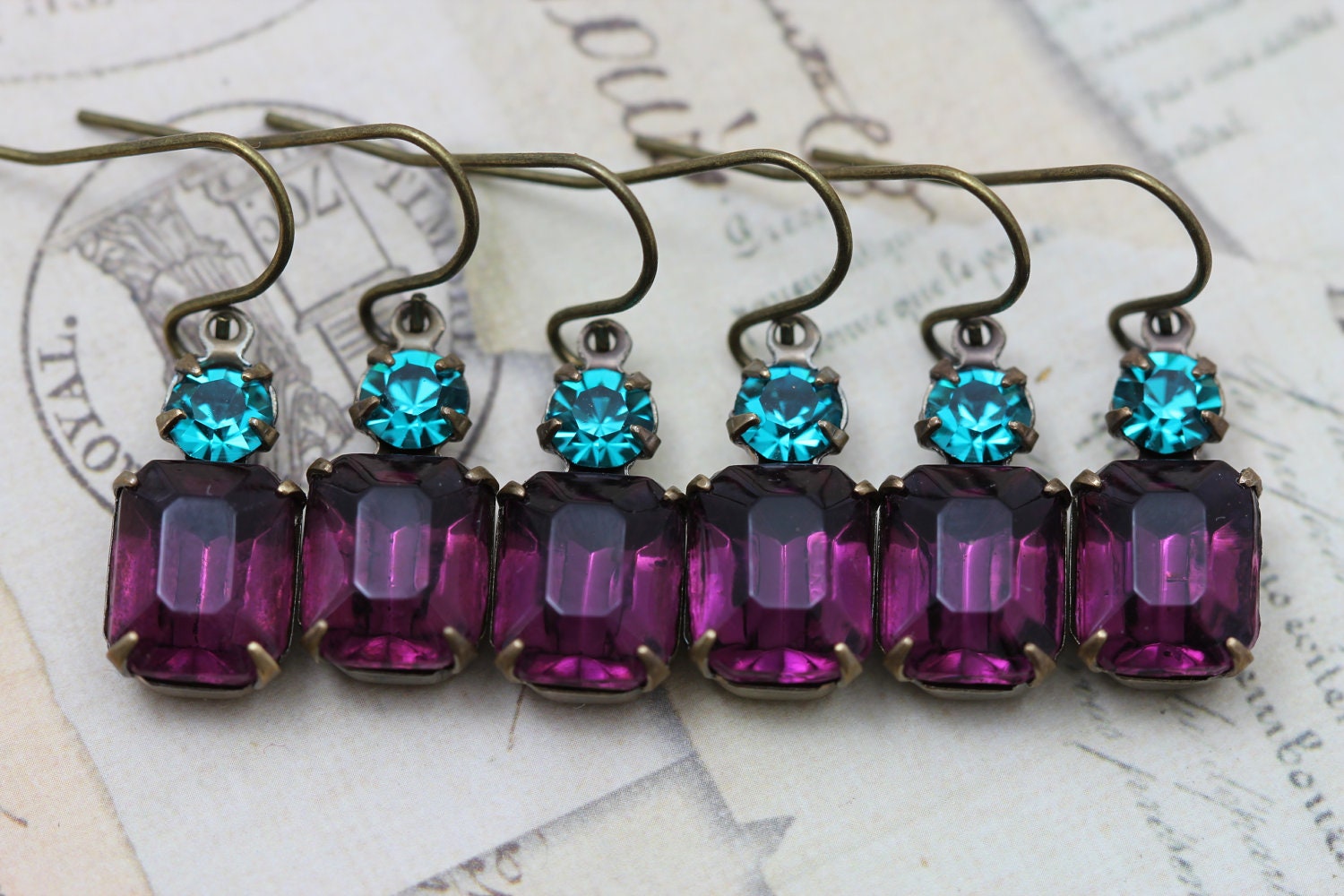Peacock Wedding Earrings Set Purple Wedding Jewelry 5 Pairs Teal Turquoise Amethyst Bridesmaids Vintage Earrings - Clip ons available