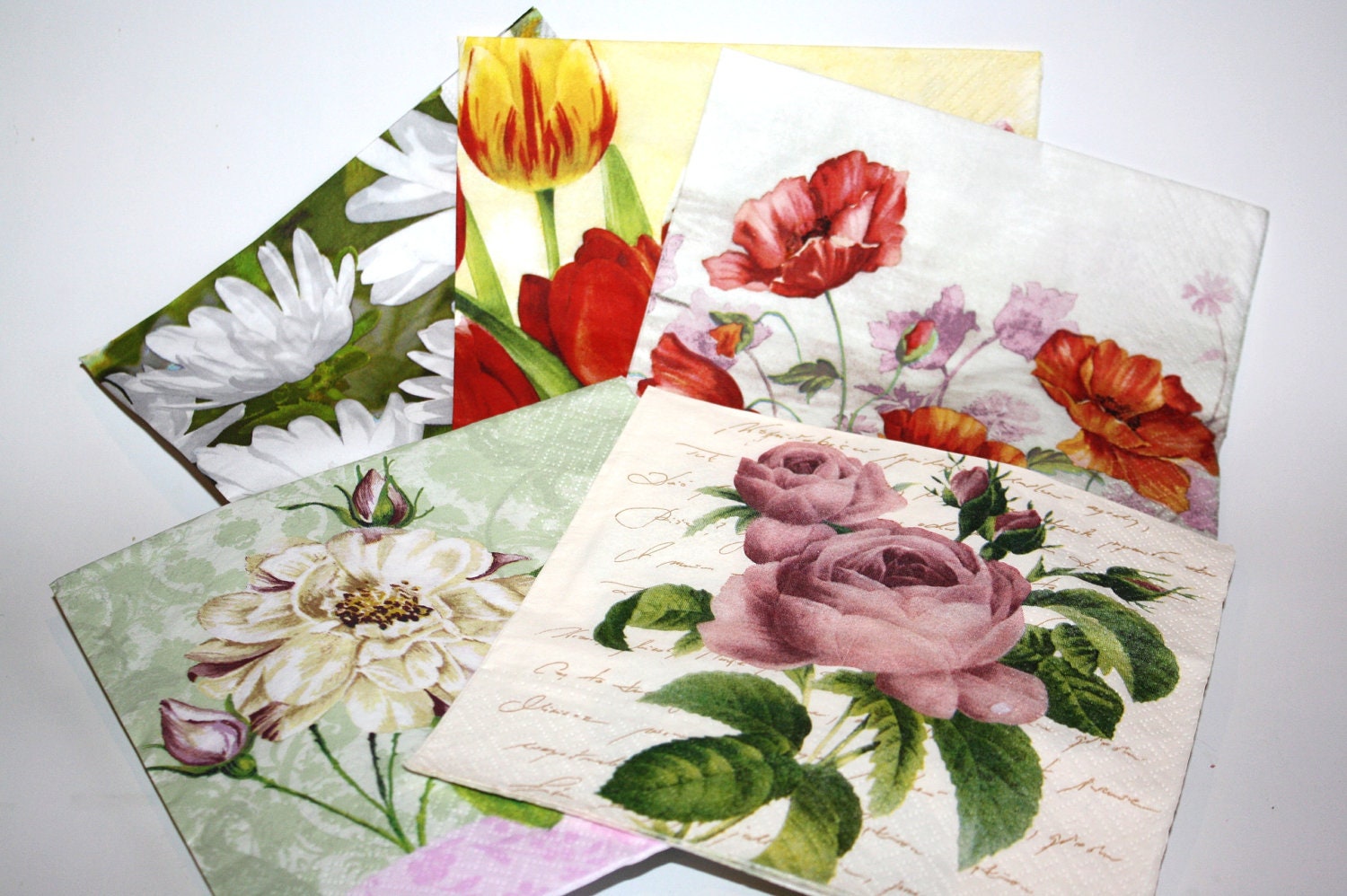 Paper napkins for decoupage and crafts, flowers, roses, lilies, tulips, poppies, colorful, diy, supplies