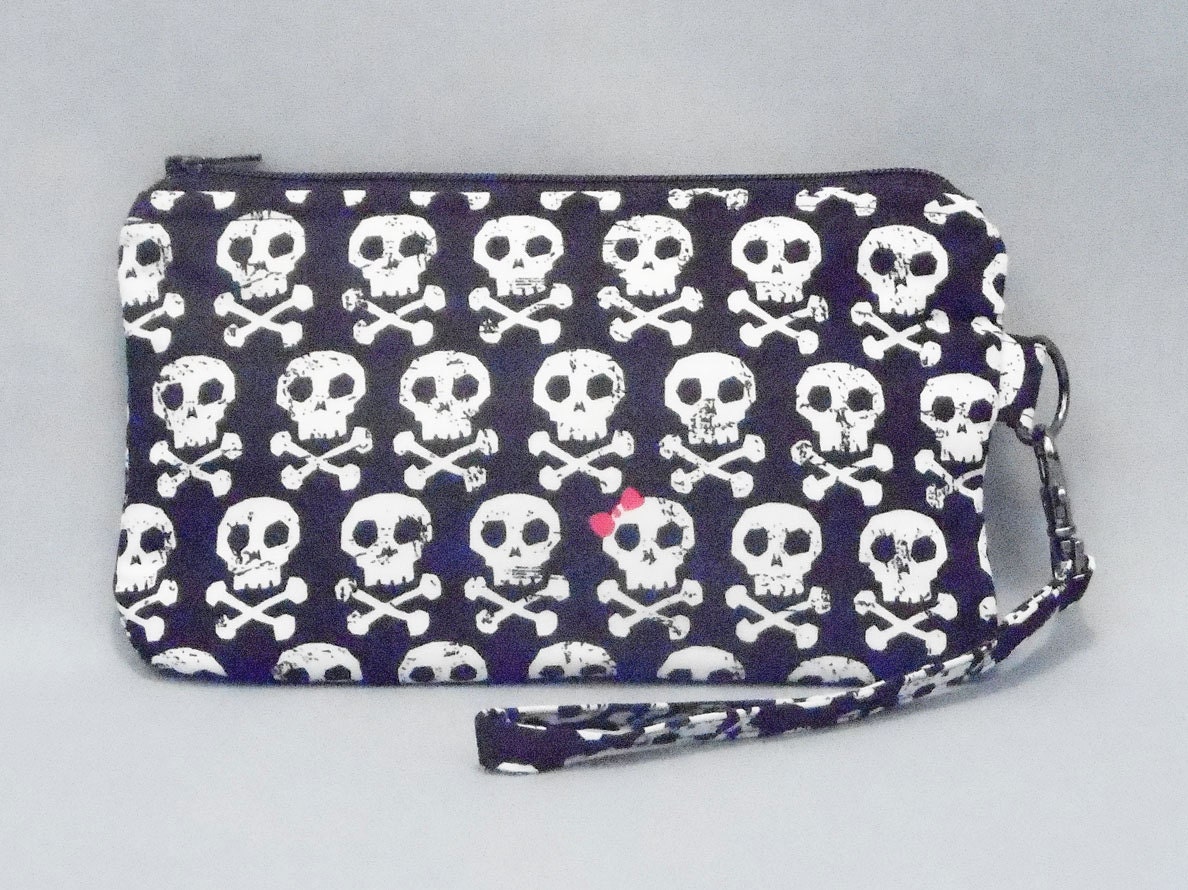 Punk Rock Girl Zipper Wristlet Skull and Crossbones Pink Bows