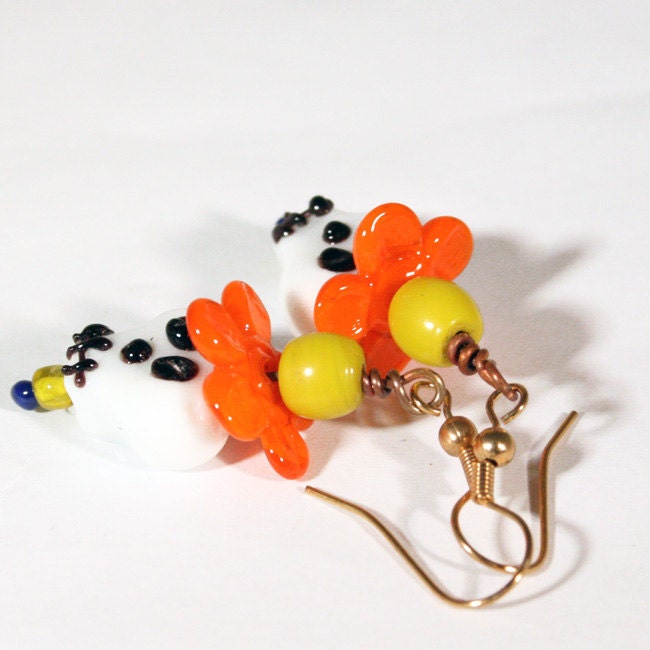 Lamp Work Skull Earrings on Gold Wire Day of the Dead