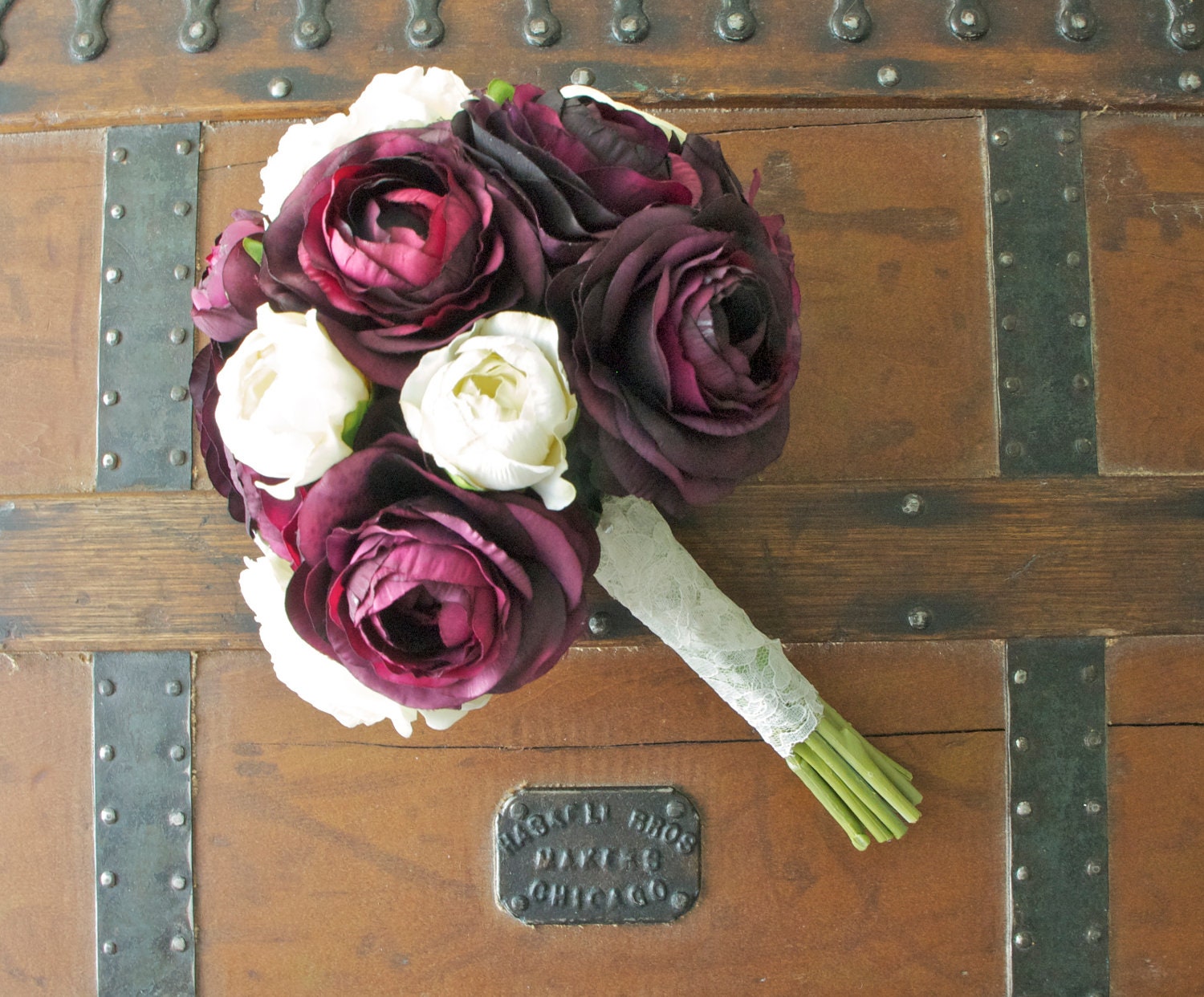 Ranunculus Bouquet in Purple with Cream Accents, 10'' Handmade Silk Bouquet