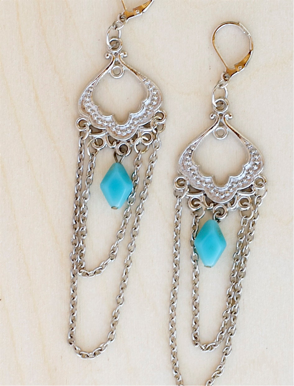Silvertone Filigree Earrings Turquoise Bead Dangle Vintage Style Wedding Bridal Jewelry Bohemian Beach Under 15