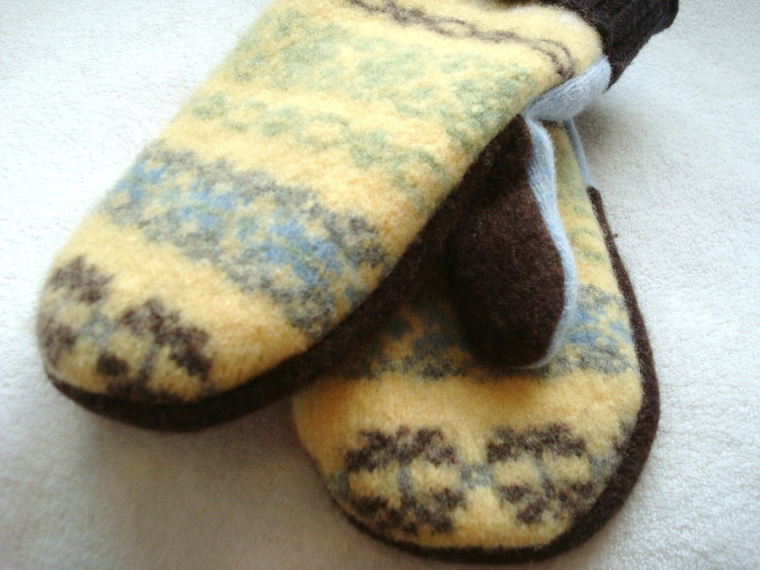 Felted Wool Mittens YELLOW BROWN Fair Isle Sweater Wool, Cashmere Lined by WormeWoole