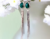 Emerald Silver Chain Earrings, Chandelier Earrings, Drop Earrings, Post Earrings, Dangle Earrings, May Birthstone Earrings, Bridal Jewelry