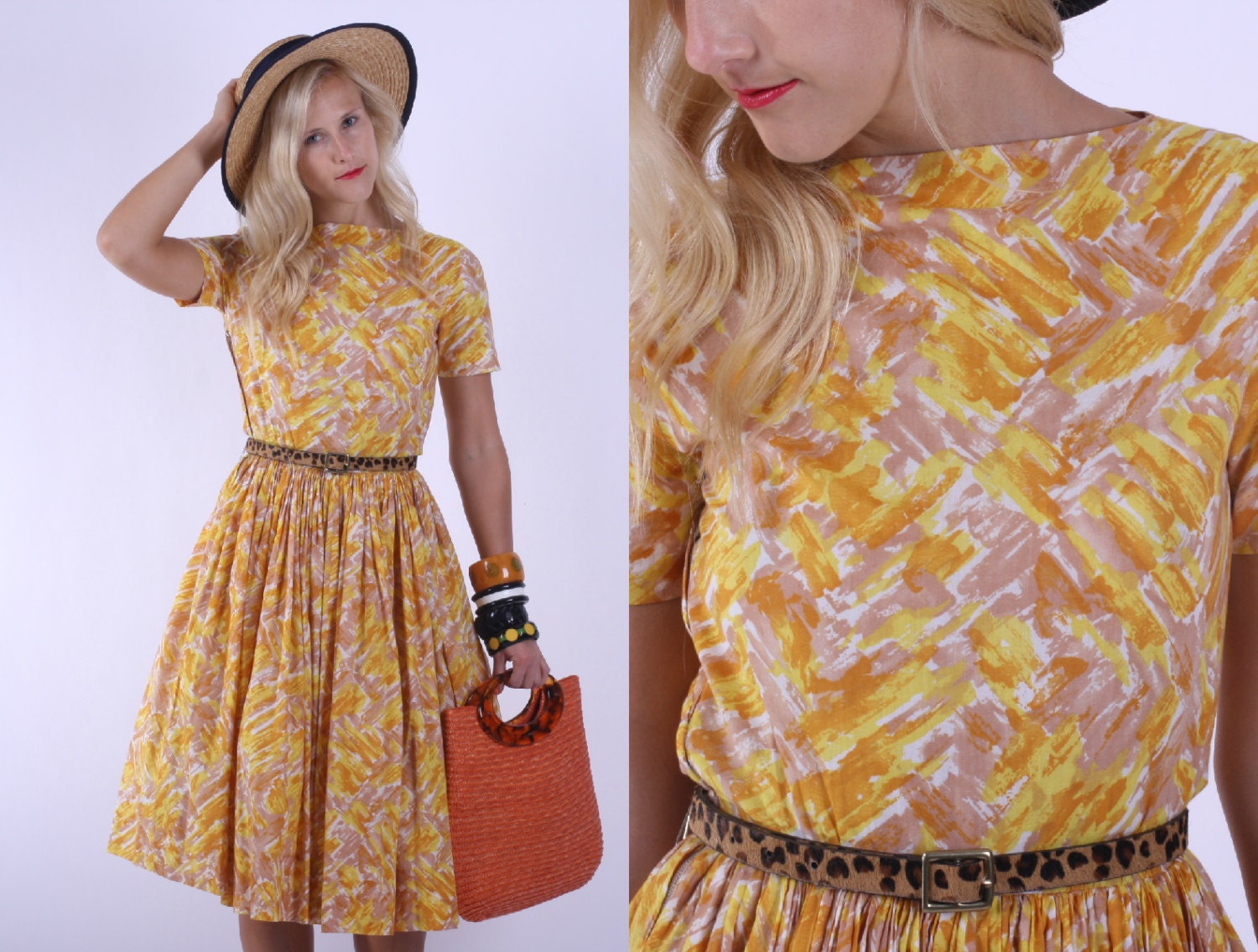 Vintage 50s Dress/ 1950s Cotton Dress/ Yellow, Orange, Tan Brushstroke Print Sundress XS