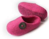 Hand Felted Slippers for Everyone . Hot Pink with Lackey Button. Size EUR 37 - 38 USA W 7 - 7,5 U.K. W 4,5 - 5 ready to ship.