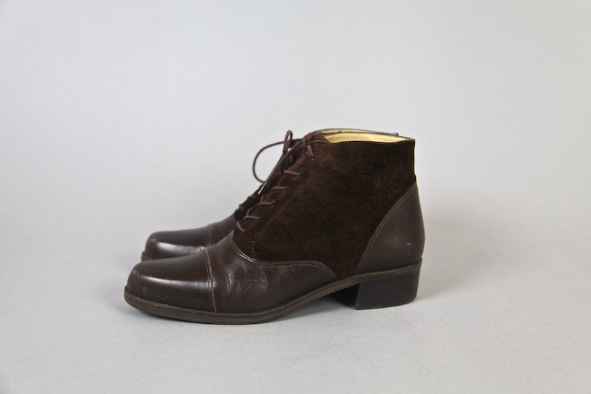 vintage boot, 1990's brown suede and leather oxford lace up boots, size 7.5 38