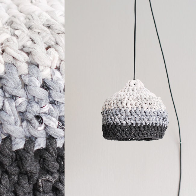 Pendant lamp in gray gradient. Eco design. Hand crocheted
