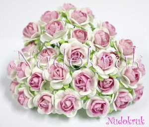 10 pink & White  Mulberry Paper Rose Flower handmade size 1.5 cm. ,scrapbooking