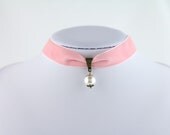 Gothic  Resin Pearl  PINK  Velvet  2CM  Ribbon Necklace Vampire Queen Costume Halloween  Party - adjustable length 34cm - 41cm