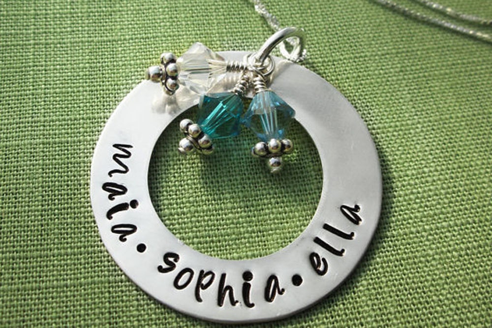 Brag About 'Em Washer Necklace - Personalized Sterling Silver Mom Necklace - Swarvoski Birthstone Crystals - Mother's Day Gift
