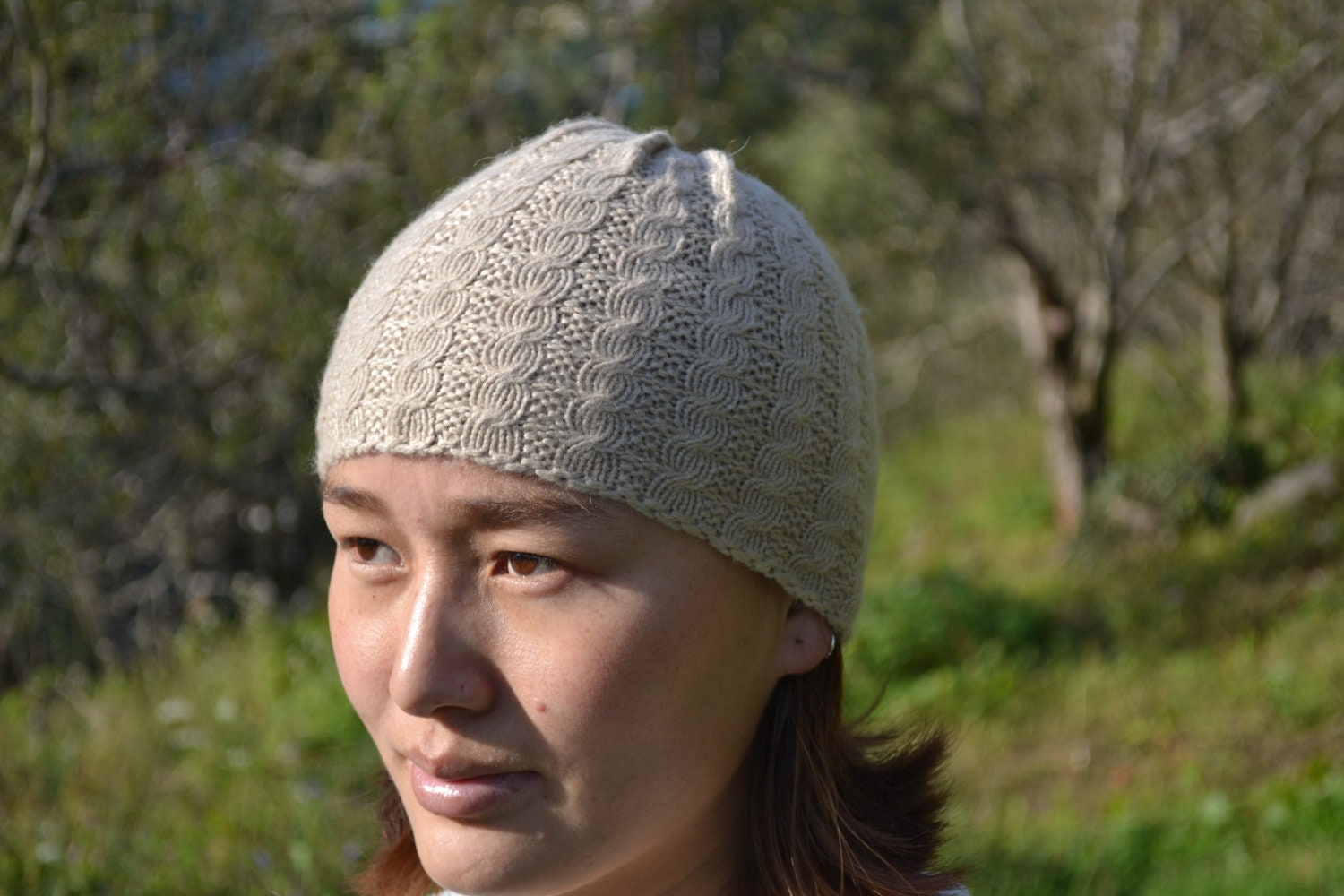 Cashmere Pashmina Fawn Beige Hand-knitted Medium Ski Hat Beanie SH10