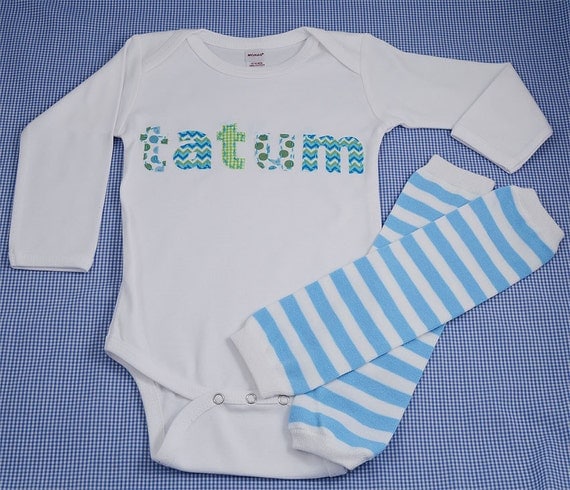 Hand Appliqued Personalized Infant Baby Boy Onesie & Coordinated Striped Leg Warmer Set