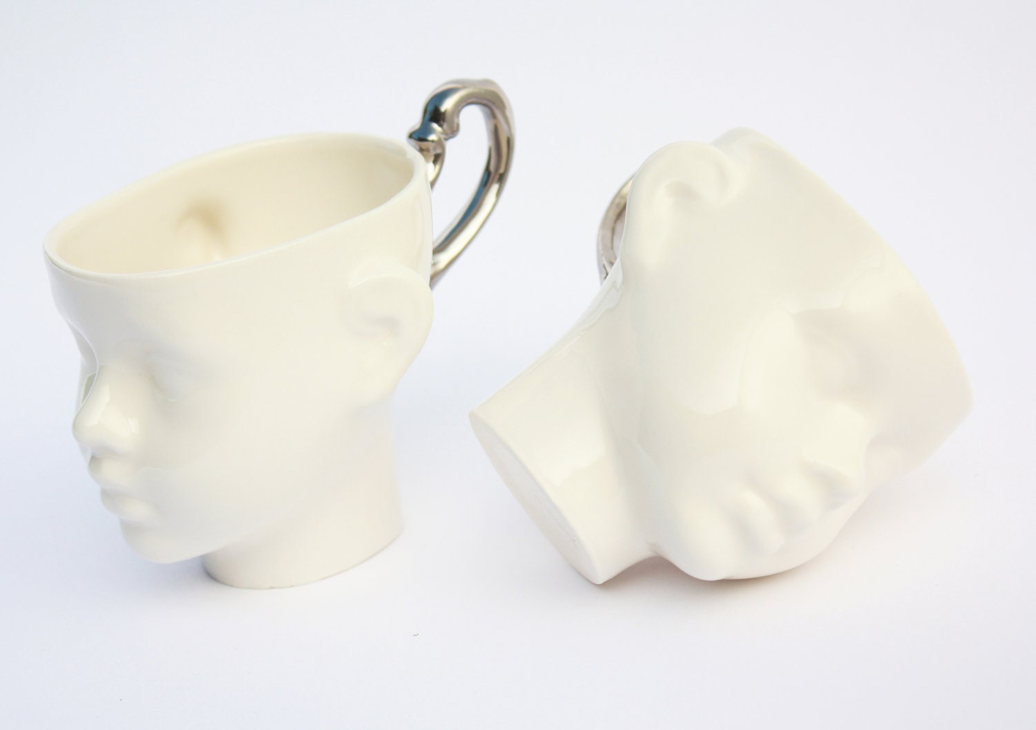 Silver porcelain doll head cups - ceramic mugs, for coffee or tea, white cups with silver handle