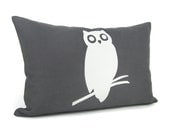 Owl pillow case - White owl applique pillow cover on dark grey decorative pillow cover - 12x18 lumbar pillow cover