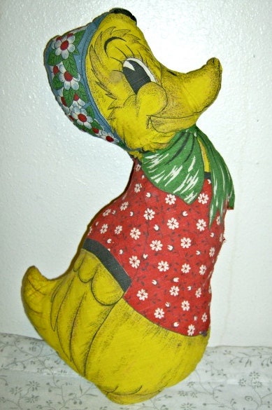 Vintage 70s Fabric Panel Adorable Red and Yellow Duck Cut & Sew Stuffed Animal Toy Pillow