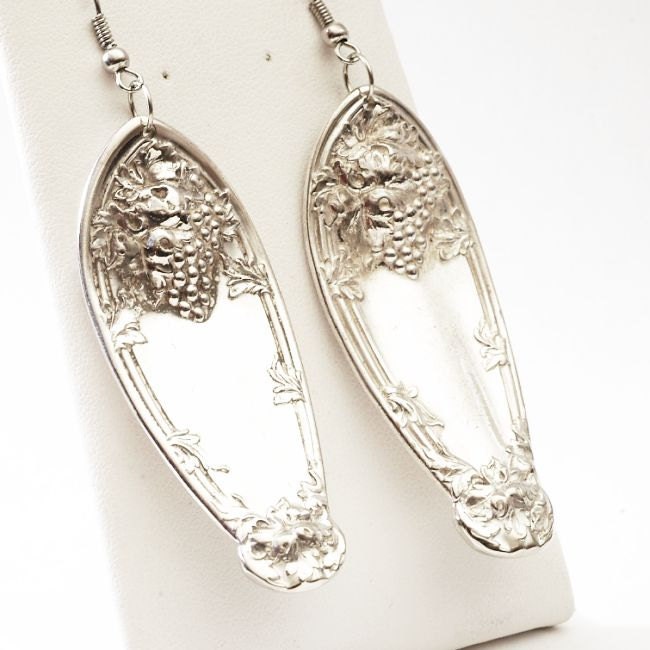 Large Vintage Victorian Grapes Silver Plated Spoon Earrings (SE-7)