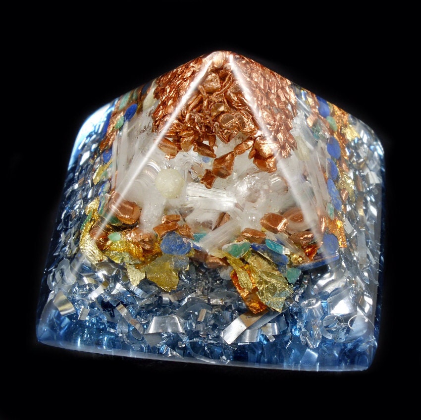 Lapis Lazuli Orgone Energy Generator Pyramid with TibetanCrystal,  Amazonite, Rhodizite, Phenacite, Selenite, Copper Nuggets