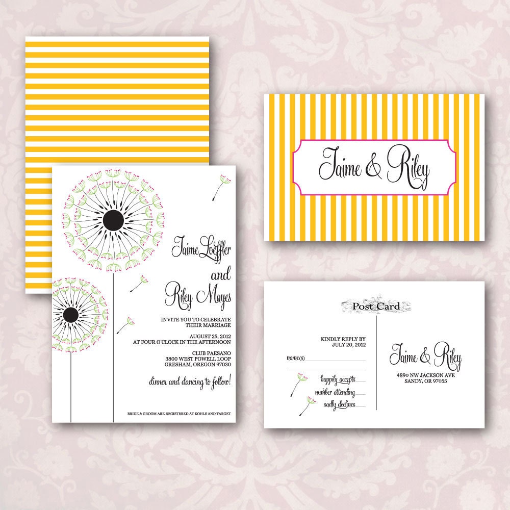 Printable Stripes Dandelion Wedding Invitation & Postcard Reply Card