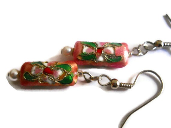 Pink and Green Cloisonne Earrings Pale Rose Pearl Beaded Jewelry