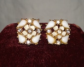 Vintage Milk Glass Enamel & Rhinestones screw back Earrings