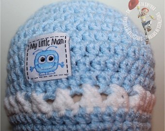 Baby Boy Hat, Beanie, My Little Man, 0 to 3 months, Blue, White, READY TO SHIP