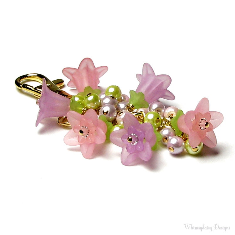 Pastel Pink Lilac Lily Floral Crystal Pearl Cluster Handbag Charm