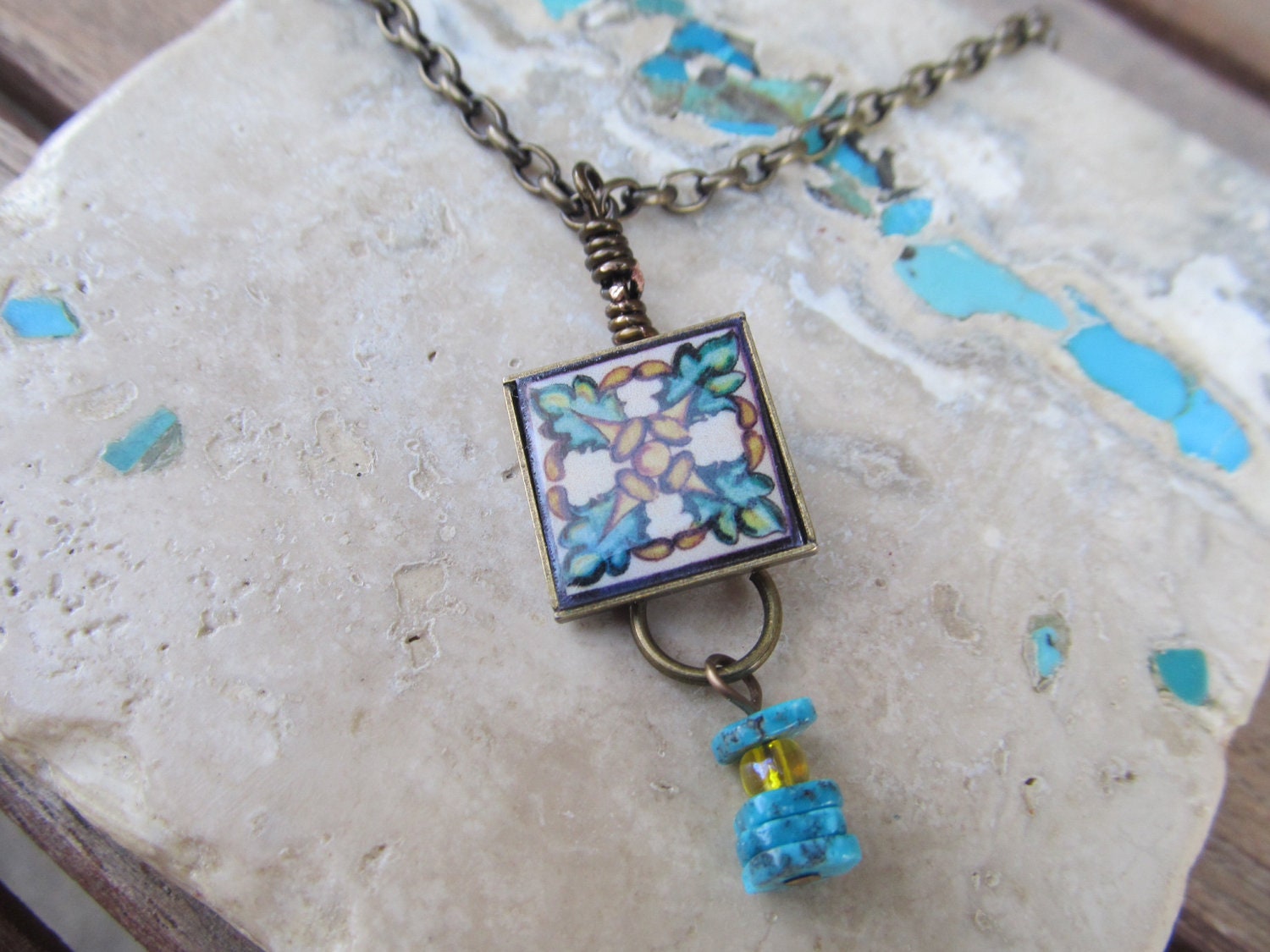 NECKLACE Mediterranean Style Mini Ceramic Tile Earthenware Reproduction Pendant
