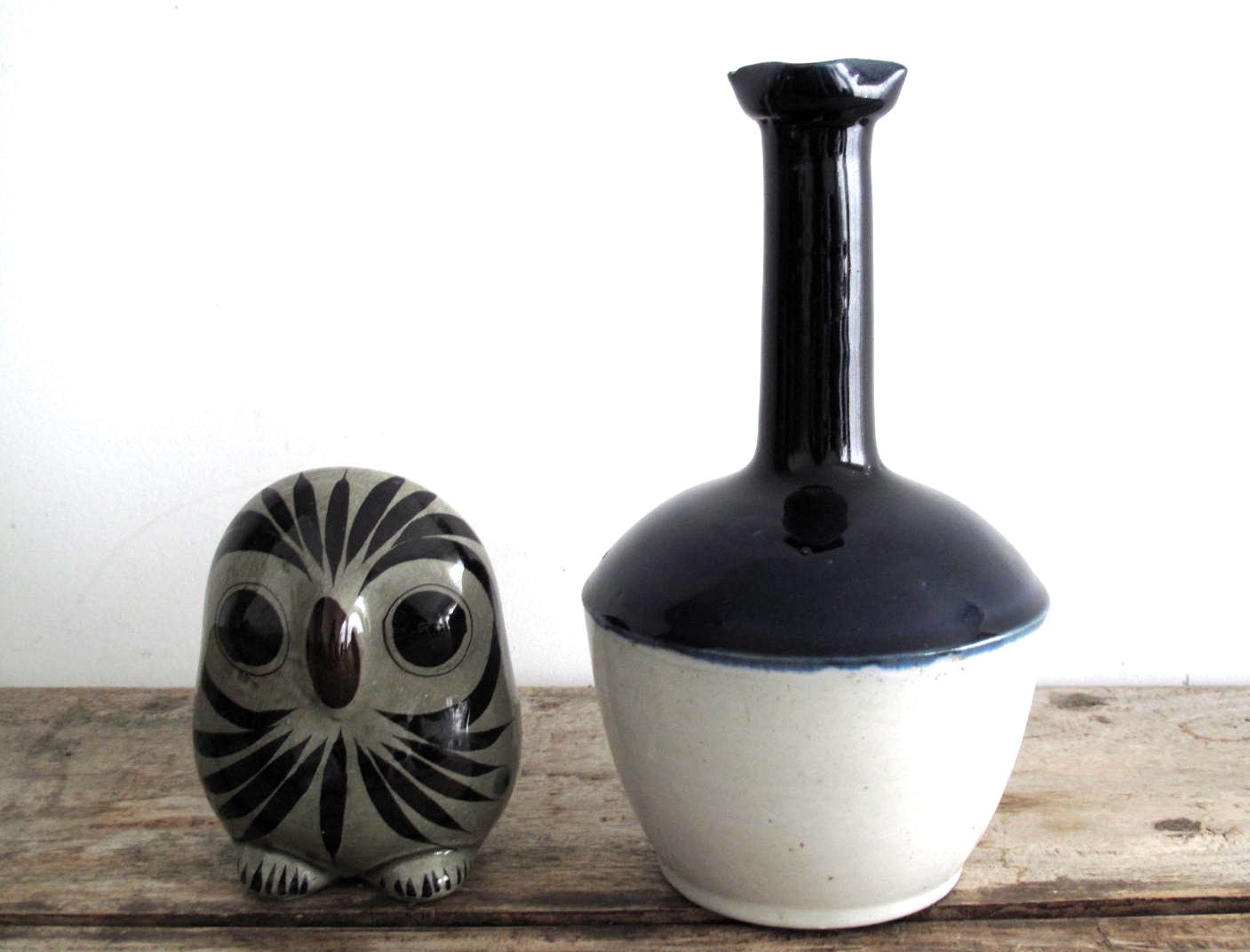 Vintage Ceramic Bottle - Indigo Blue / Navy Blue - Stoneware Bottle - Blue and White Primitive Pottery