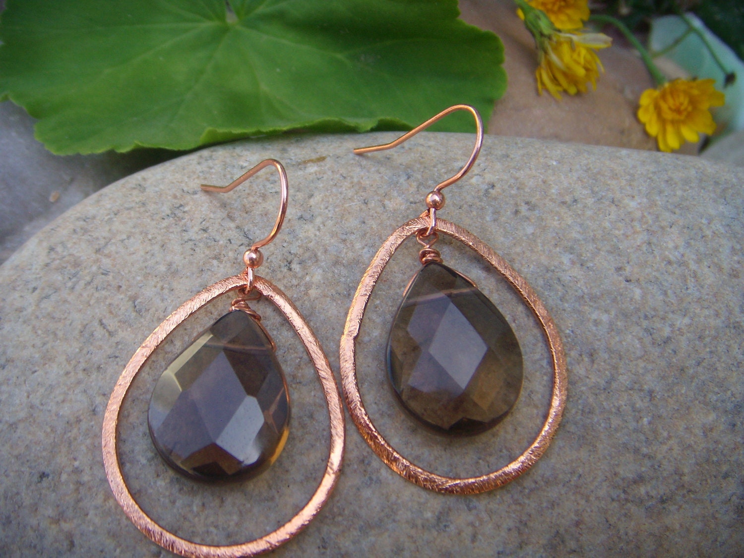 Smoky Quartz Earrings - Hammered Copper Earrings - Teardrop Earrings - Small Dangle Earrings