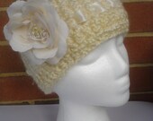 Cream Crochet Hat with Ribbon and Flower for Women and Teens