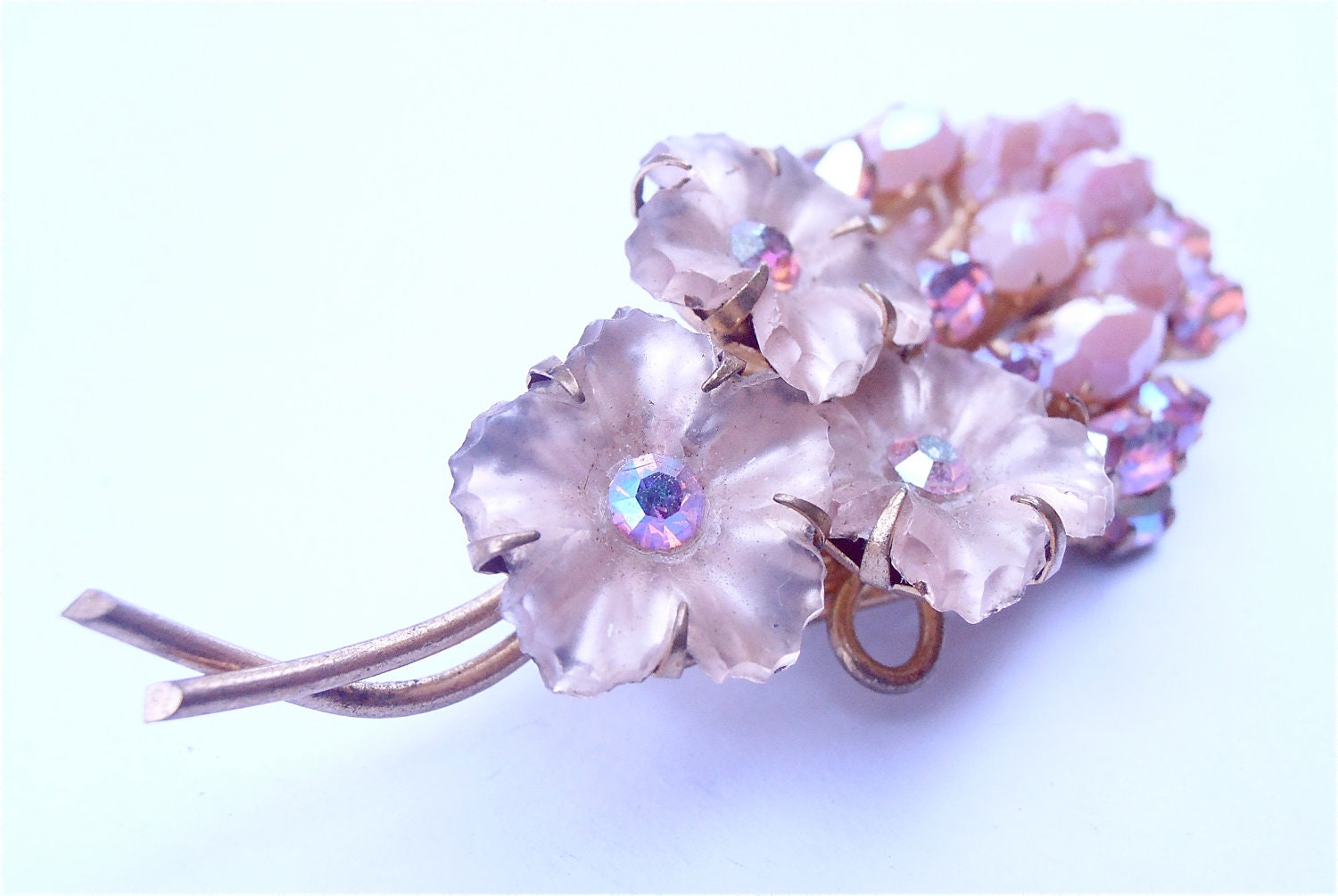 Vintage Pink Crystal Brooch Aurora Borealis Brooch Pink Flower Brooch Pink Floral Brooch Pink Vintage Rhinestones Brooch 60s Mad Men Brooch