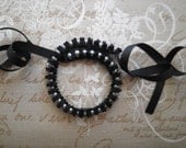 Black and gray ribbon necklace - Necklace with black ribbon and gray glass pearls