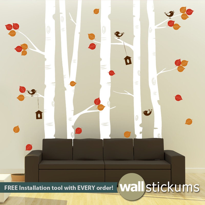 Birch Trees Vinyl Wall Decal with Birds & Birdhouses - Living Room - Nursery - Wall Art Sticker